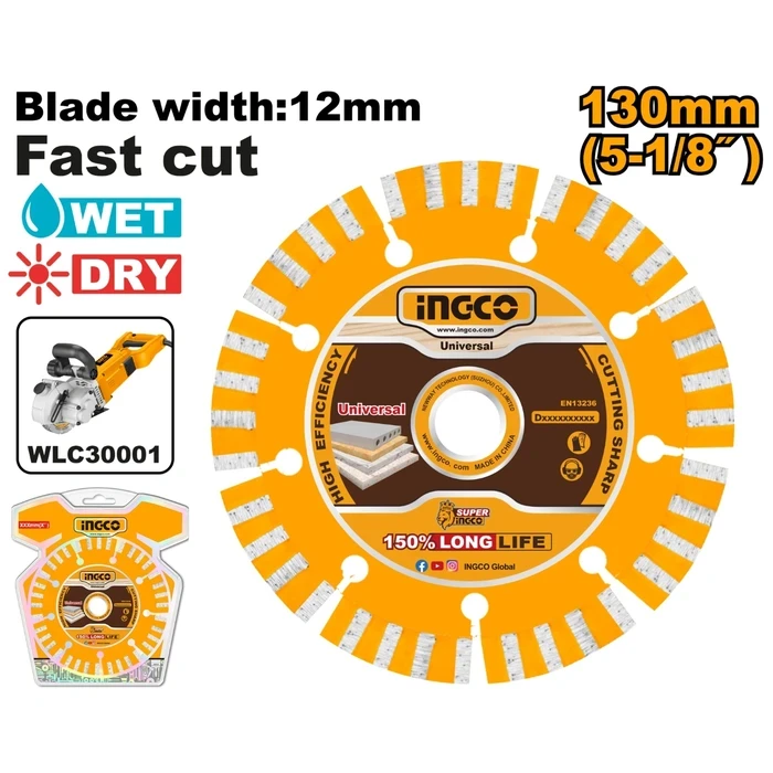 INGCO 130mm (5-1/8") Dry Diamond Cutting Disc | 12mm Segment Width Universal Masonry Blade with 1.6mm Steel Core Specially Matched for WLC30001 Wall Chaser | DMD011301