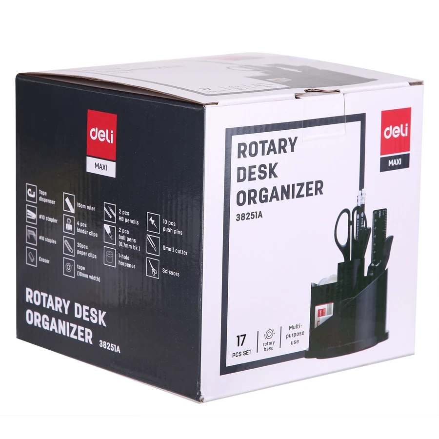 Deli Rotary Desk Organizer Set E38251A - 7 Compartments, Includes 16 Stationery Accessories, HIPS Plastic, Black