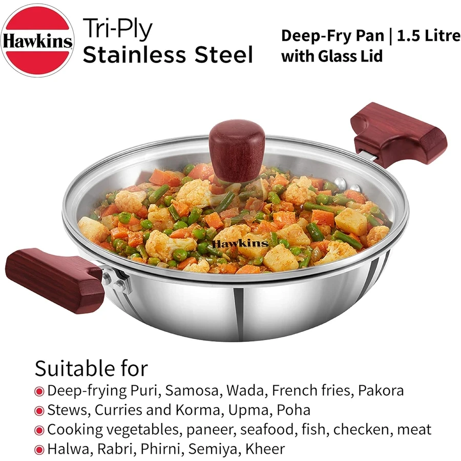 Hawkins SSD15G 1.5L Tri-Ply Stainless Steel Deep Fry Pan (Kadhai) with Glass Lid | Induction & Gas Compatible | Silver