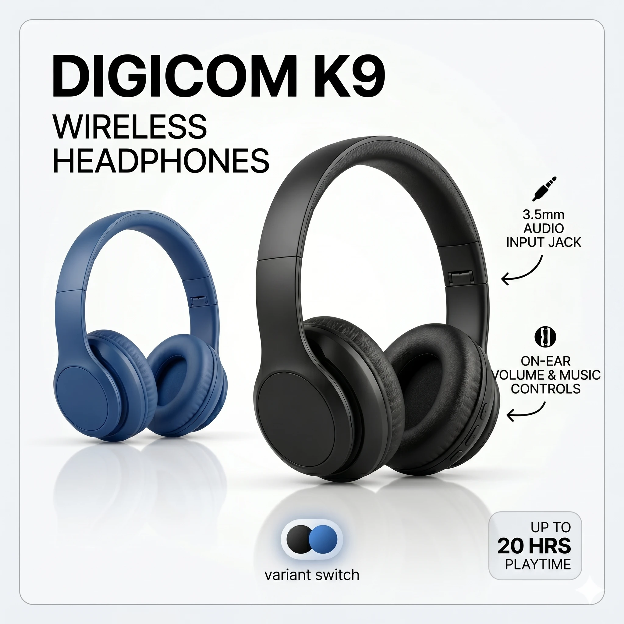Digicom K9 Bluetooth Stereo Headphones | 20-Hour Playback Logic | Foldable Travel Design | Wired & Wireless Hybrid | Microphone | Blue & Black
