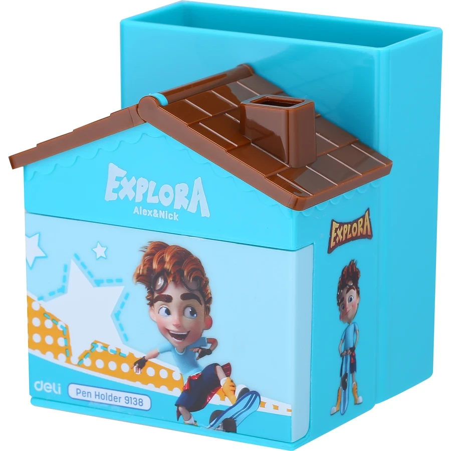 Deli Explora House Desk Organizer E9138 - 3 Compartments & 1 Drawer, PS Plastic, Playful Design for Students(Blue)