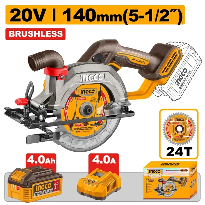 INGCO 20V Professional Brushless Cordless 140mm (5-1/2") Circular Saw Kit | Heavy-Duty 6300rpm Wood Saw with 50mm Cut Depth, 4.0Ah Battery & Charger | CSLI14023