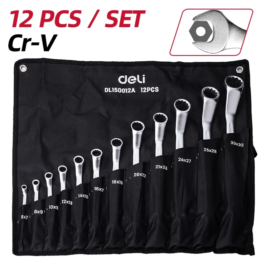 EDL150012A Offset Ring Spanner Set 12 PCS - Deep-Reach Design, Carbon Steel, Chrome Plated, Roll-Up Oxford Bag (Silver)