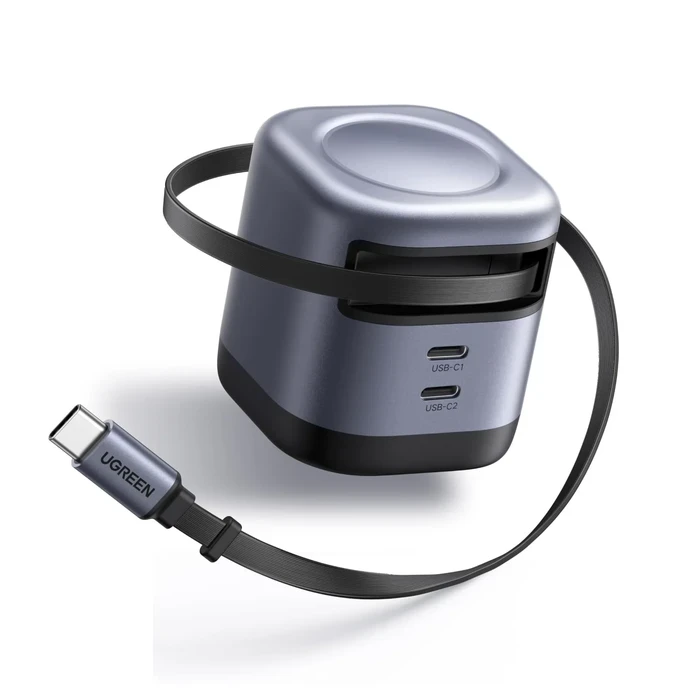 UGREEN 45W 3-Port GaN Fast Charger with Built-in 0.7M Retractable USB-C Cable | PD 3.0, PPS & UFCS Compact Multi-Device Wall Charger | UGREEN GaN Series
