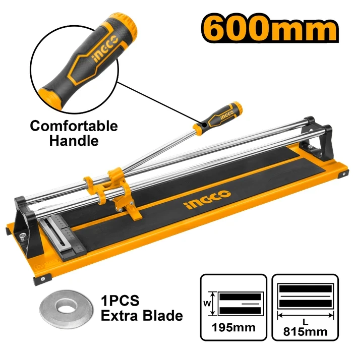 INGCO 600mm Professional Manual Tile Cutter | Heavy-Duty 2mm Steel Base Tiling Machine with 12mm Max Thickness, 19mm Dual Sliding Bars & 2 Pcs Tungsten Carbide Blades | HTC04600