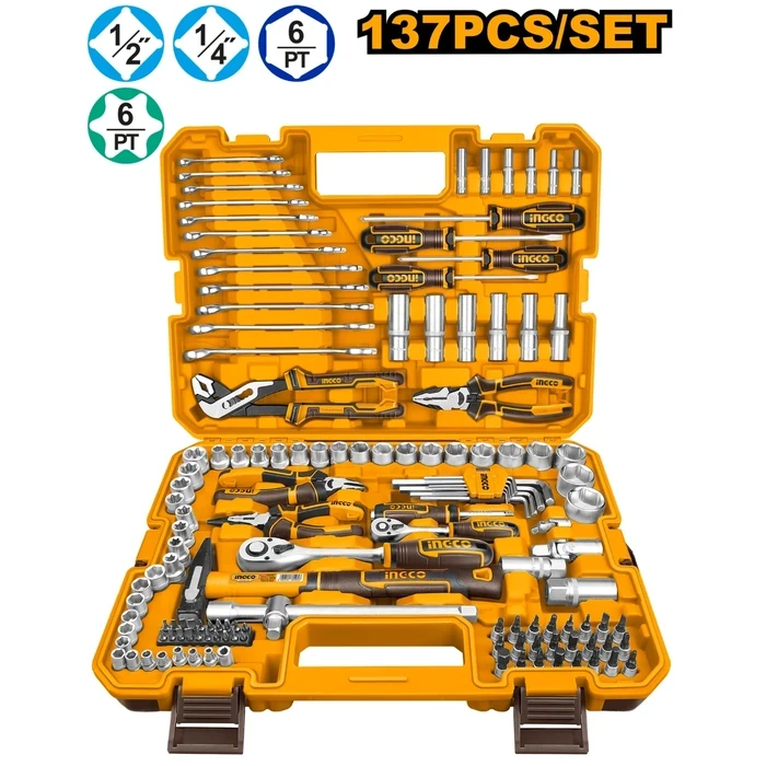 INGCO 137 Pcs Professional Combination Tools Set | Complete 1/4" & 1/2" Socket, Ratchet, Plier, Spanner, and Hammer Mechanic Master Kit | HKTHP21371