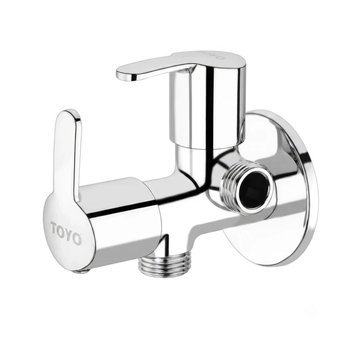 Toyo 2-Way Angle Valve with Double Operating Handles & Matching Wall Flange | Dual Outlet Solid Brass Utility Shut-Off Valve | SA-52205-2