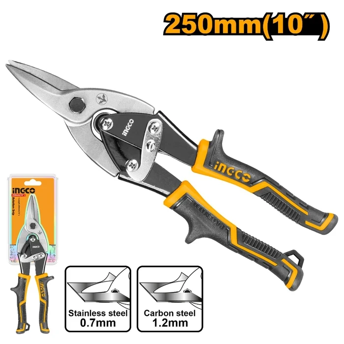 INGCO 10" (250mm) Professional Straight Aviation Snip (1.2mm Carbon Steel / 0.7mm Stainless) | Compound Action Shears with Two-Tone Soft Handle | HTSN0110S
