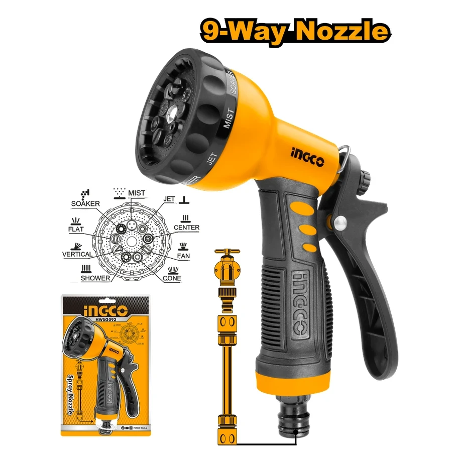 INGCO 9-Pattern Plastic Trigger Nozzle | TPR Soft Grip | HWSG092