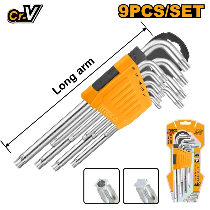 INGCO HHK13091 9-Piece Long Arm Torx Key Set | Premium Chrome Vanadium Steel | T10-T50 Star L-Wrench Matrix with High-Visibility Storage Holder