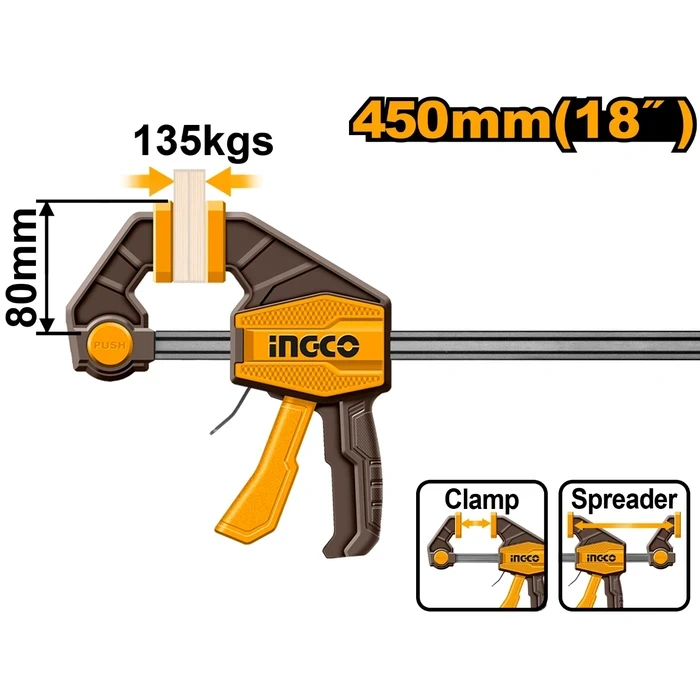 INGCO 80x450mm (18") Professional Quick Bar Clamp | Heavy-Duty 135kg Clamping Force One-Handed Pistol Grip Clamp with 6x18mm Steel Rail | HQBC18801