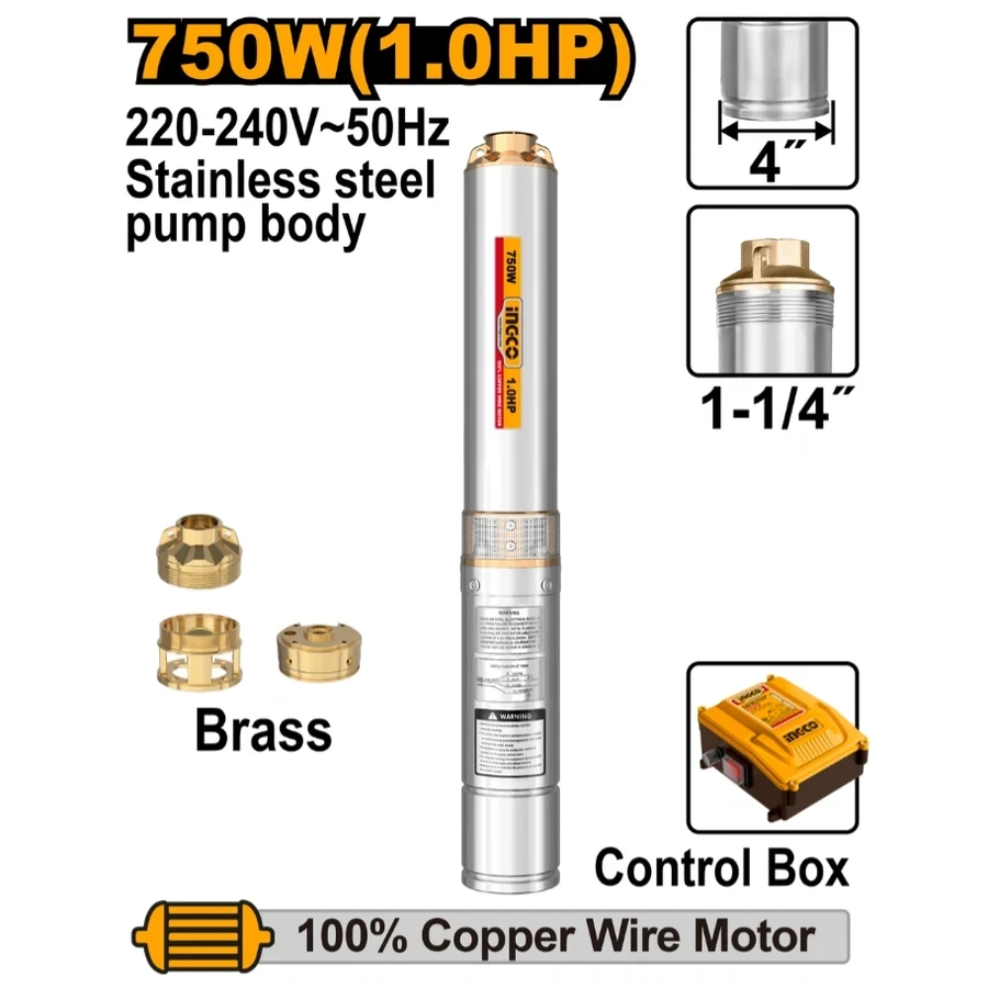 INGCO 4" Submersible Deep Well Pump | 1.0HP 10-Stage | DWP75062