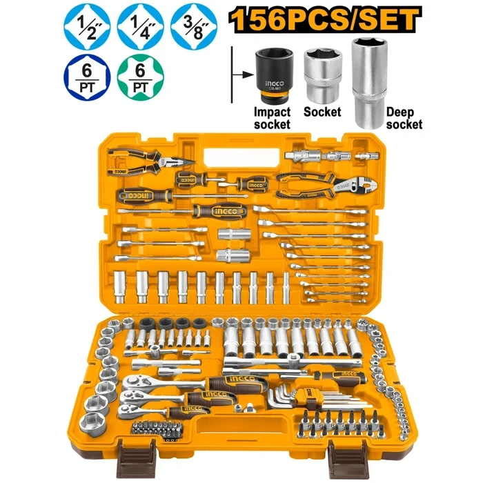 INGCO 156 Pcs Professional Combination Tools Set | Complete 1/4" & 3/8" & 1/2" Ratchet, Impact Sockets, Deep Sockets, Screwdrivers, Spanners, and Ratcheting Wrench Mechanic Combo Master Station | HKTH