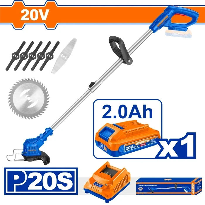 Wadfow 20V Lithium-Ion Professional Cordless Grass Trimmer | 10000rpm High-Speed Multi-Blade Weed Eater with Plastic, Metal & Saw Blades, 2.0Ah Battery & Charger Kit | WGTP5116