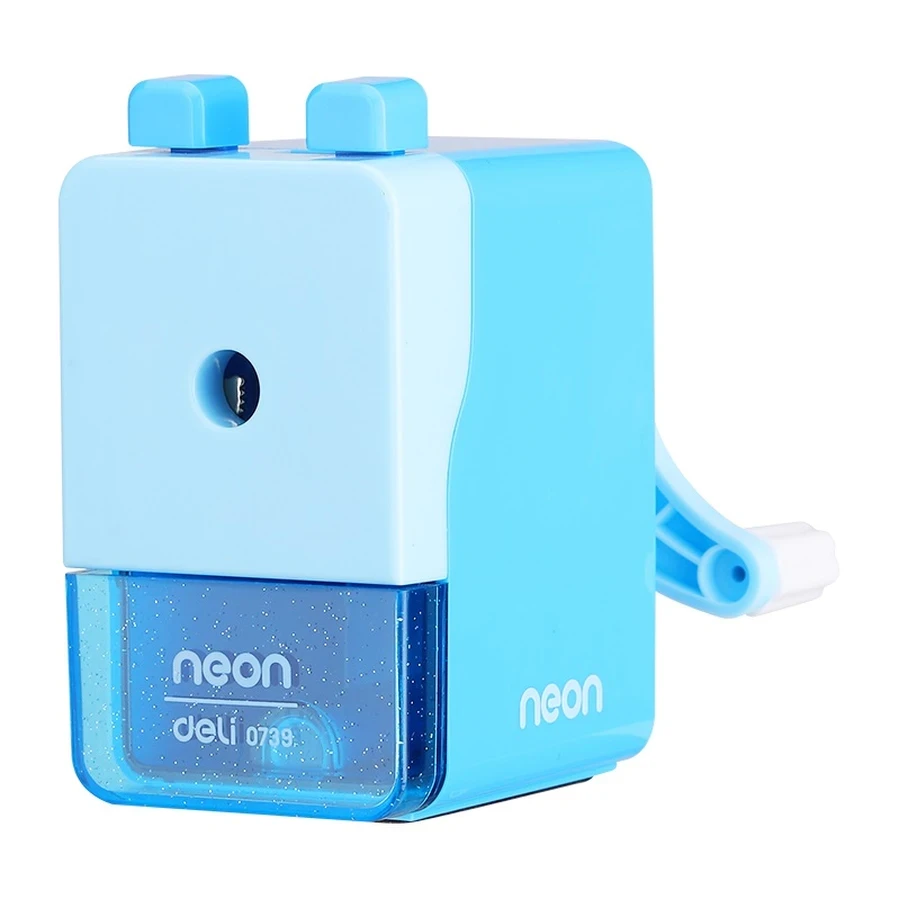 Deli Rotary Crank Pencil Sharpener - 7mm Graphite, Transparent Canister, Anti-Slip Base (Blue) E0739