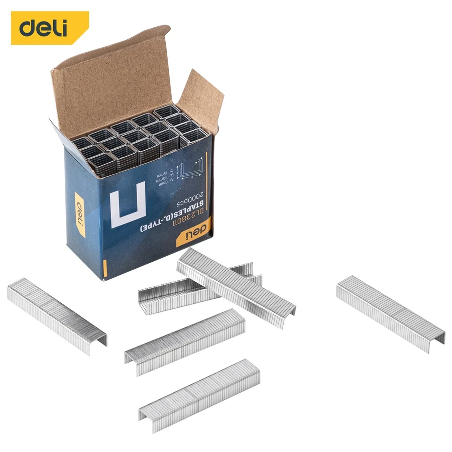 Deli D-Shape Staples (D Nails) 8x11.2x1.2 mm, 2000 Pcs/Box, High-Carbon Steel Fasteners for Heavy-Duty Staple Guns, General Repair & Upholstery (Silver) | EDL238011
