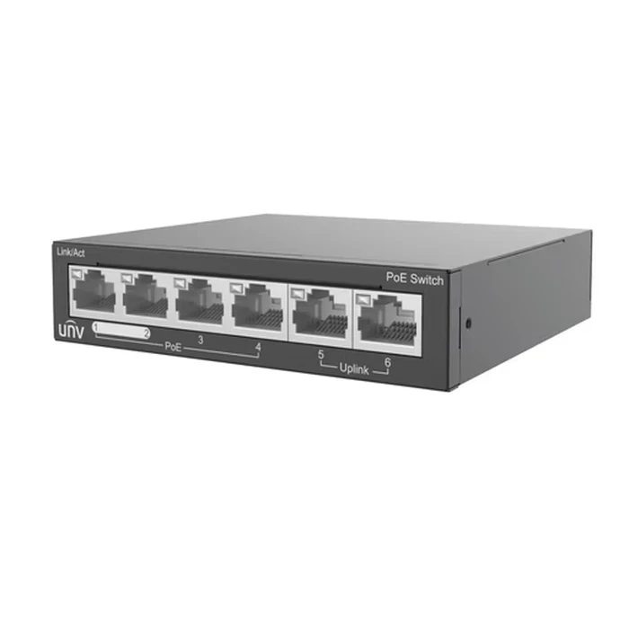 UNV 4-Port Fast Ethernet Unmanaged PoE Switch V2 with 65W Budget, Priority Ports & 250m Extend Mode | NSW2020-6T-POE-IN-V2