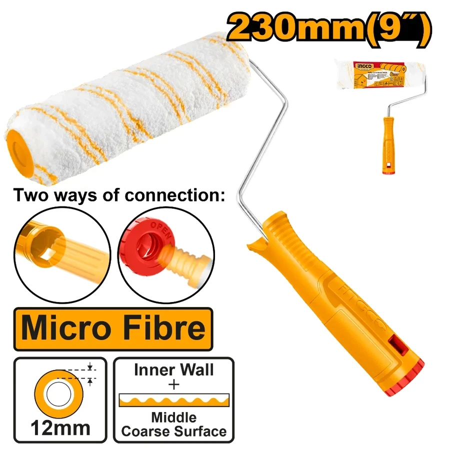 INGCO 230mm Microfibre Cylinder Paint Roller for Inner Walls | High-Absorbency Lint-Free Sleeve & Ergonomic Handle | HRHT282302