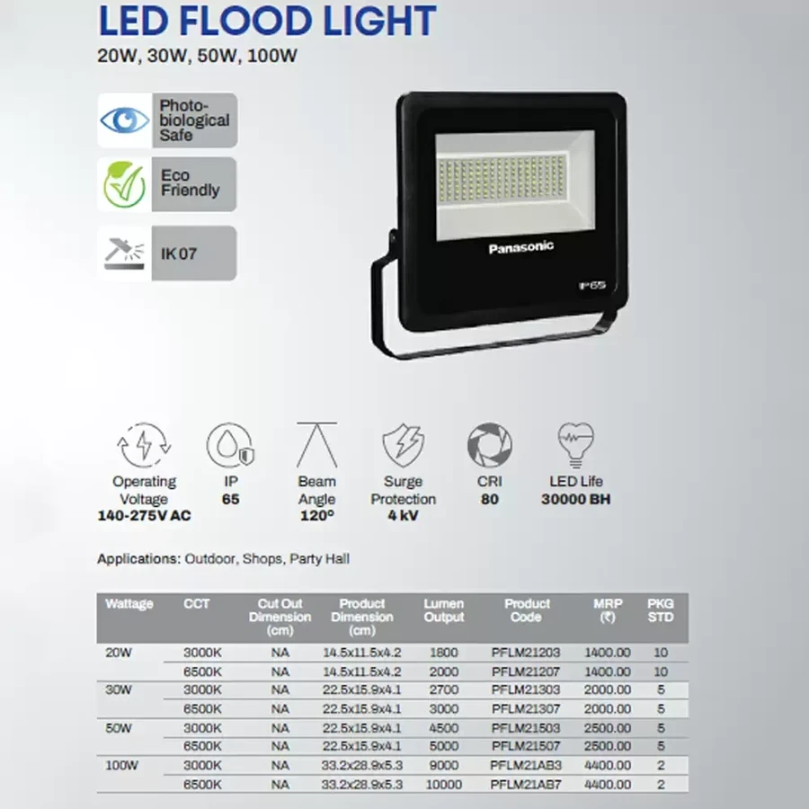 Panasonic PFLM21307 30 Watt 6500K LED Flood Light | 3000lm Output | IP65 Waterproof | 4 kV Surge Protection