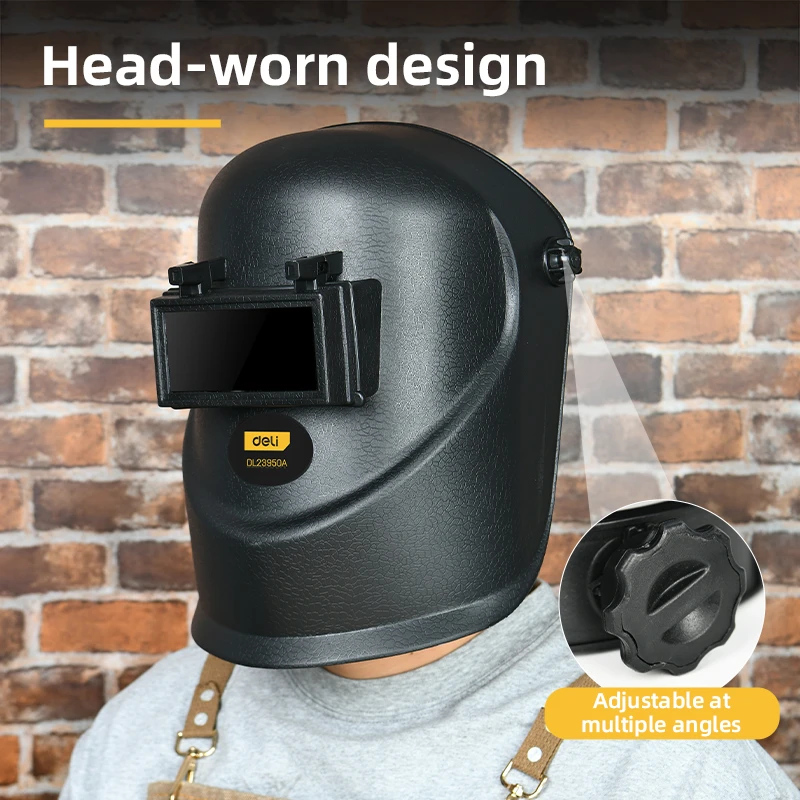 Deli Professional Helmet Type Head-Wearing Welding Mask | High-Strength PP Shell with Flip-Front Tempered Glass Lens & Adjustable Ratchet Headgear (Black) | EDL23950A