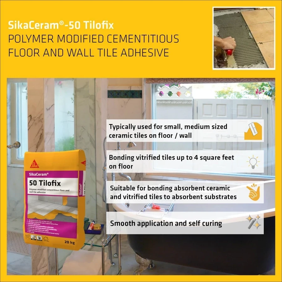 Sika Ceram Tilofix | High Strength Ceramic Tile Adhesive | Gray Cementitious Formula | Self-Curing for Inside Use | Available in 20 Kg Pail and 40 Kg Bag