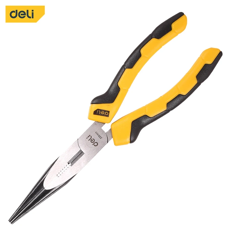 Deli 8" Professional Forged 55# Carbon Steel Long Nose Pliers | Heavy-Duty 54-62 HRC Extended Deep-Reach Needle Nose Pliers with Dual-Color PVC Grip | EDL2108 (Yellow/Black)
