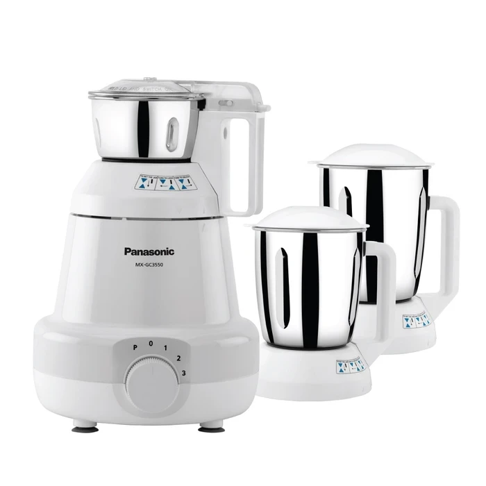 Panasonic 550W Value Series Mixer Grinder with 3 Stainless Steel Jars | 19,000 RPM HPAF Motor & Gasket-Free Hygiene Lids | Classic White Finish | Model MX-GC3550