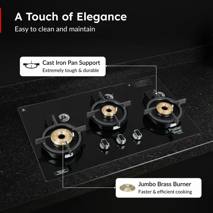 Prestige Svachh Efficia Liftable Toughened Glass Top Auto Ignition Gas Hob (2 Burner / 3 Burner) | Dual Use Freestanding & Built-in Kitchen Hobtop - Model 40595 / 40596