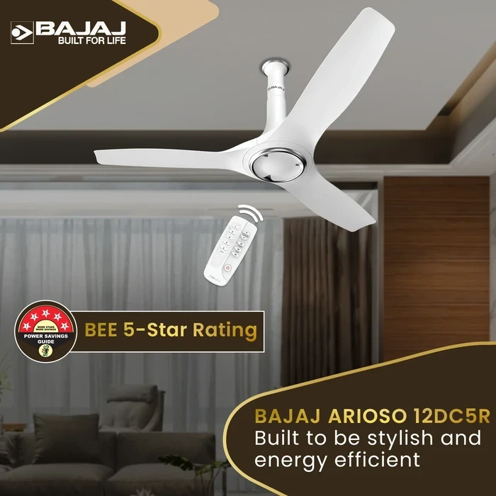 Bajaj Arioso 12DC5R 1200mm (48") 5-Star BLDC Ceiling Fan with Remote | 41W 250 CMM Low-Noise ABS Airfoil Blades - White & Chrome | Model 251720EE