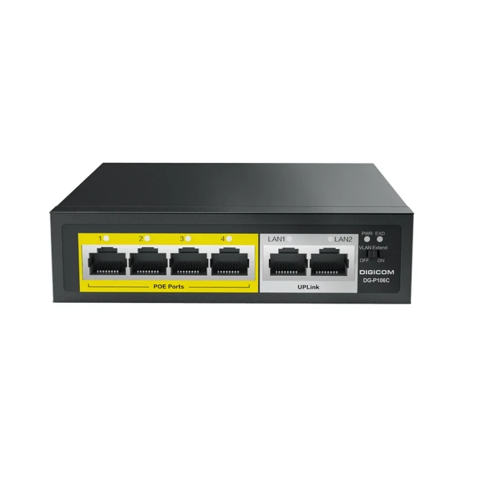 Digicom DG-P106C 6 Port POE Switch | 4 POE + 2 Uplink Logic | IEEE 802.3af/at High Performance System | 6 Ports