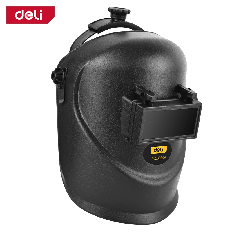 Deli Professional Helmet Type Head-Wearing Welding Mask | High-Strength PP Shell with Flip-Front Tempered Glass Lens & Adjustable Ratchet Headgear (Black) | EDL23950A