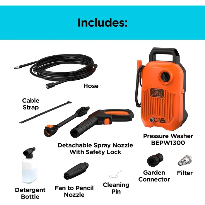 Black+Decker 110 Bar Corded Electric Pressure Washer | 6.8 L/min High-Velocity Car & Patio Cleaning Machine with 3-Meter Hose | BEPW1300-B5
