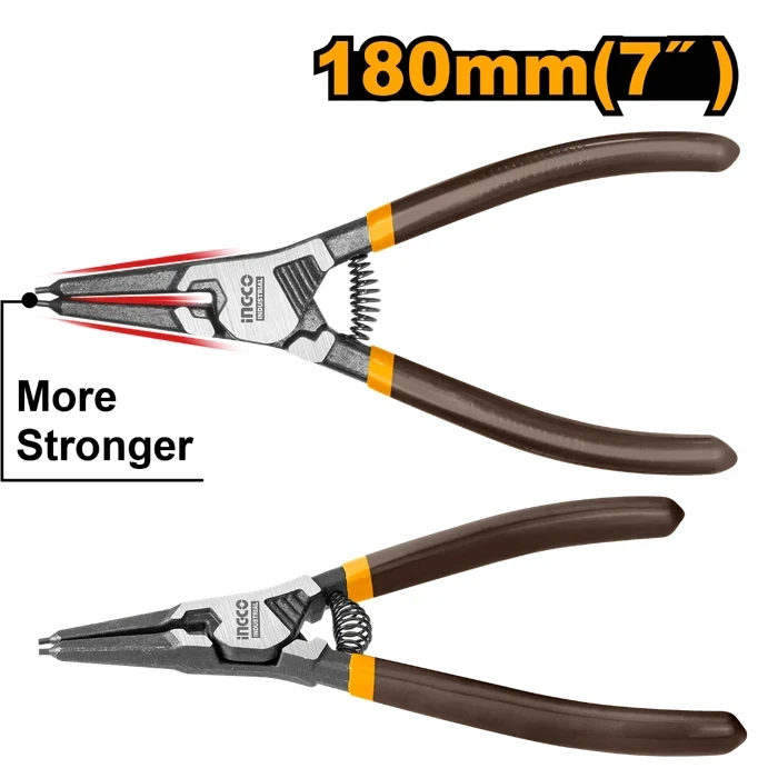 INGCO 7" / 180mm Professional External Straight Head Circlip Pliers | Heavy-Duty Cr-V Alloy Steel Snap-Ring Tool with 1.8mm Diameter Head & Black Polished Finish | HCCP261801