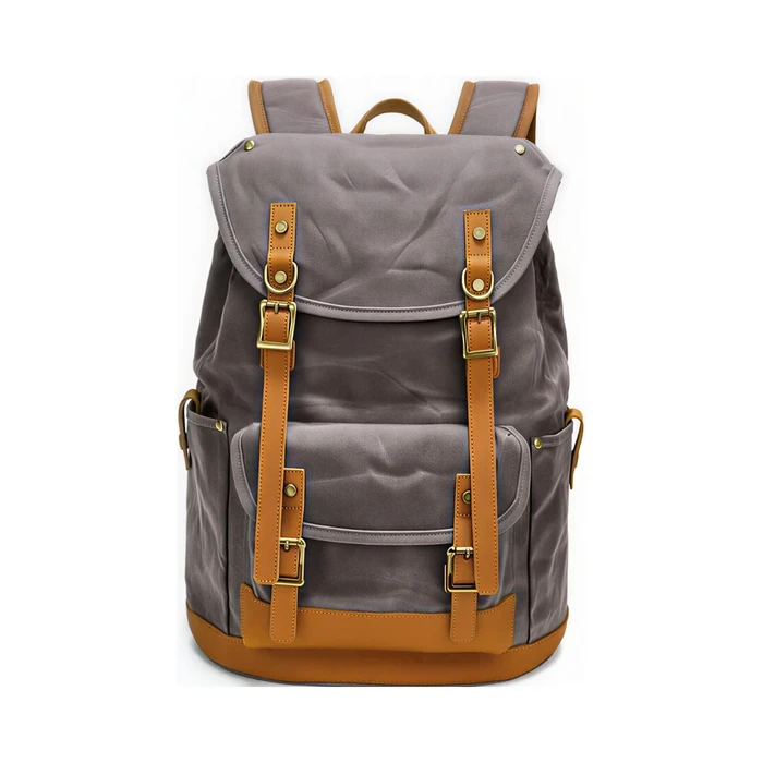COTECi Premium Vintage Canvas Laptop Backpack (Grey) | Heavy-Duty Travel Rucksack with Tan Buckle Straps | Model 14101-GY