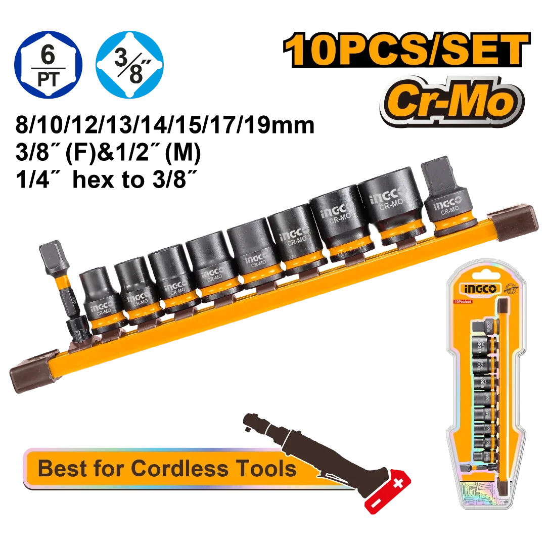 Industrial-Grade 10-Piece 3/8" Drive Impact Socket Set | Heavy-Duty Chrome-Molybdenum Steel with Adapters & Steel Rail | HKISSD38104