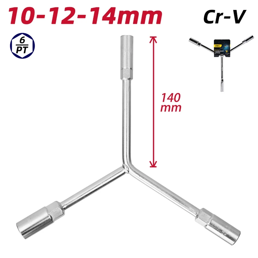 Deli 10-12-14mm 3-Way Y-Type Socket Wrench | Heavy-Duty Chrome Vanadium (Cr-V) Steel 6-Point Sockets with Mirror Chrome Finish for Automotive & Bike Repair (Silver) | EDL101214
