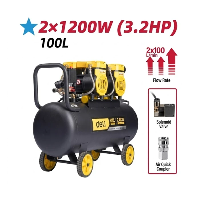 Deli 3HP Professional 100L Belt-Driven Air Compressor | Heavy-Duty 2200W Copper Motor Oil-Lubricated Industrial Pneumatic Workstation with 8 Bar Max Pressure & Wheels | EDL-WKY100-E1