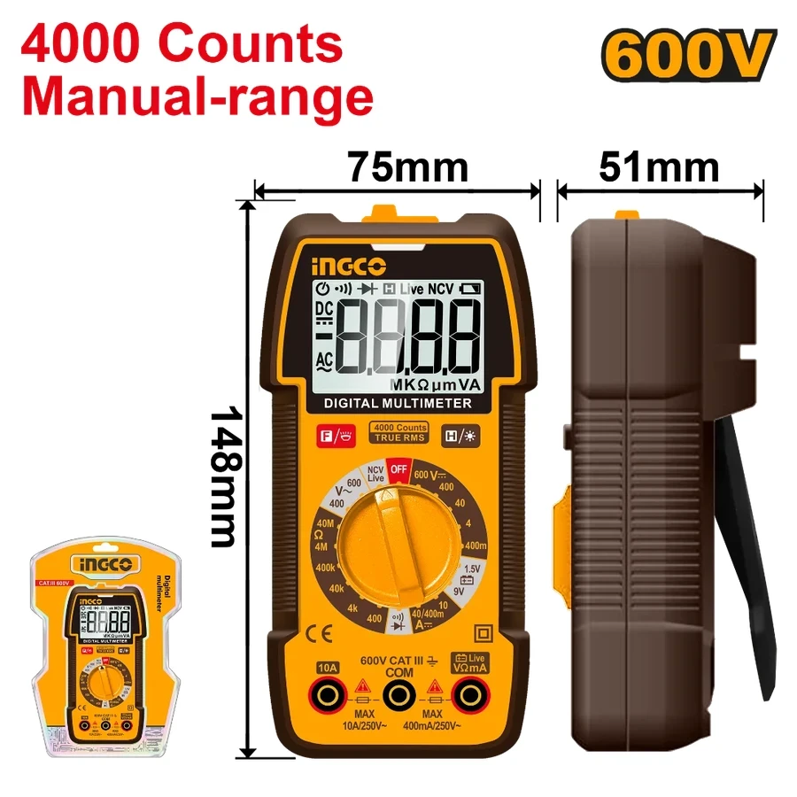 INGCO True RMS Digital Multimeter (4000 Counts) | NCV Voltage Sensor & Backlit LCD Display | DM36002