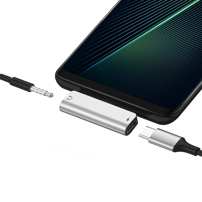 Type-C to 3.5mm Aux Audio Converter | 1.5A Pass-Through Charging Dual Splitter | Supports Microphone & Wire Volume Control Adaptive Hub | Silver | Ls26
