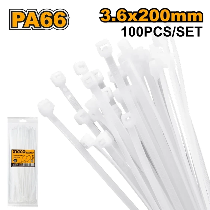 INGCO 200mm x 3.6mm Professional Nylon 66 Self-Locking Cable Ties | Heavy-Duty 100-Piece White Zip Tie Pack with 2-Year Warranty | HCT2001