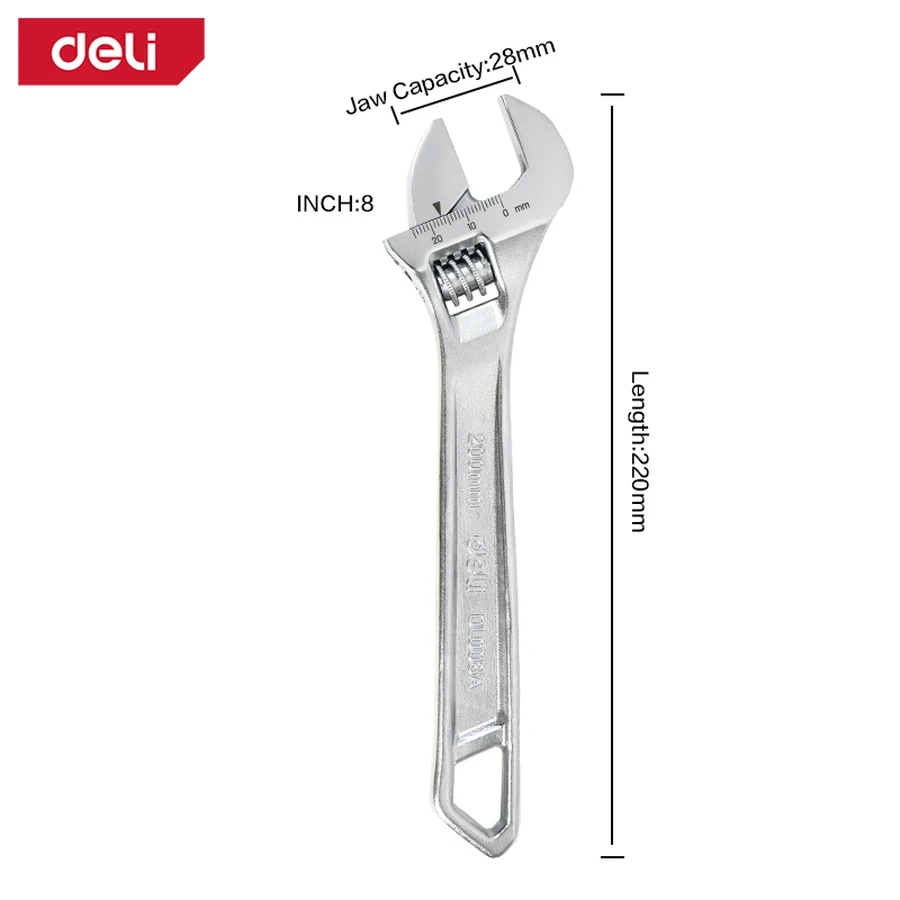 Deli 8" (200mm) Professional Adjustable Spanner Wrench | Drop-Forged Carbon Steel with Laser-Etched Metric Scale & Chrome Plating (Silver) | EDL008A
