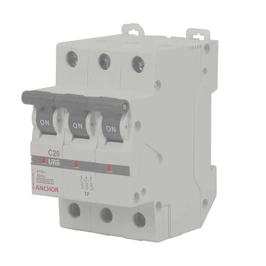 Anchor UNO TP MCB 20A 'C' Curve 98028 - Three Pole, Low Current Capacity, Wall Mount Standard Circuit Breaker