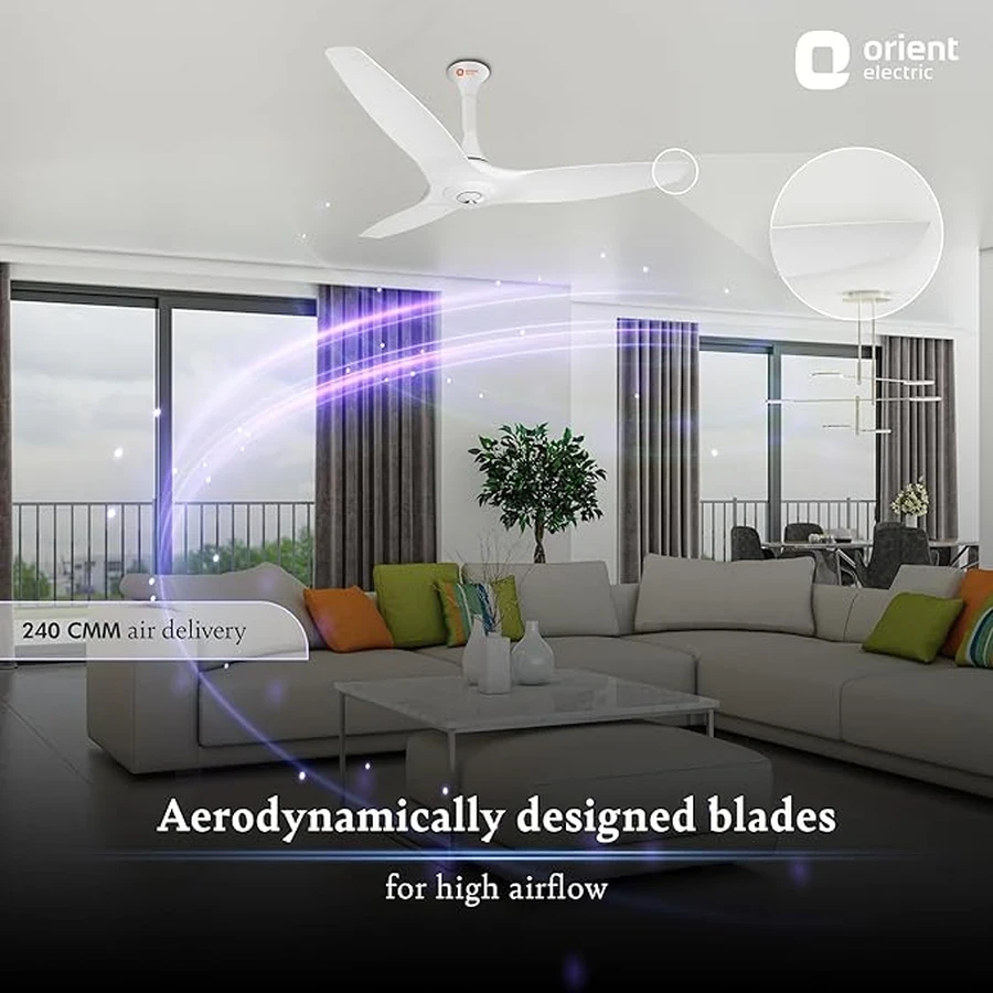 Orient Aeroquiet 1200mm (1230mm) Ultra-Quiet High-Airflow Ceiling Fan | 240 CMM Air Delivery Aerodynamic 3-Blade Modern Ceiling Fan in Caramel Brown & White  | Aeroquiet