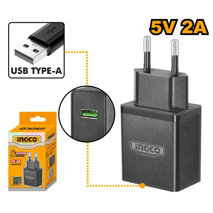 INGCO 5V 2A (10W) USB Type-A Universal Wall Charger Adapter (220–240V Input, Short-Circuit & Surge Protection) | FCLI120502