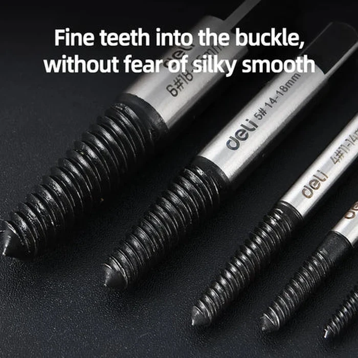 Deli 6-Piece Professional Alloy Steel Screw Extractor Set | Heavy-Duty Heat-Treated Damaged Bolt & Stripped Stud Broken Fastener Removal Kit | EDL0026