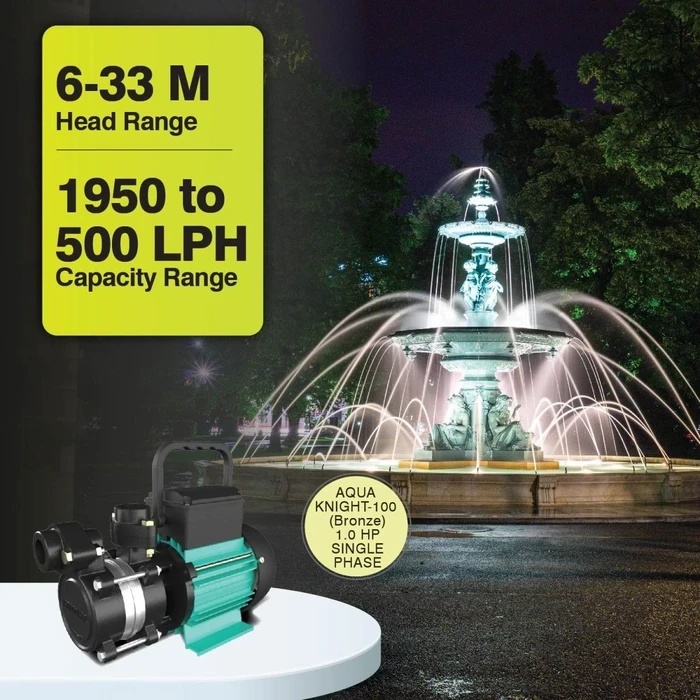 Kirloskar Aqua Knight-100 1.0 HP Single-Phase Self-Priming Monoblock Water Pump | 33m High-Head & 1950 LPH Flow with Brass Impeller & Mechanical Seal