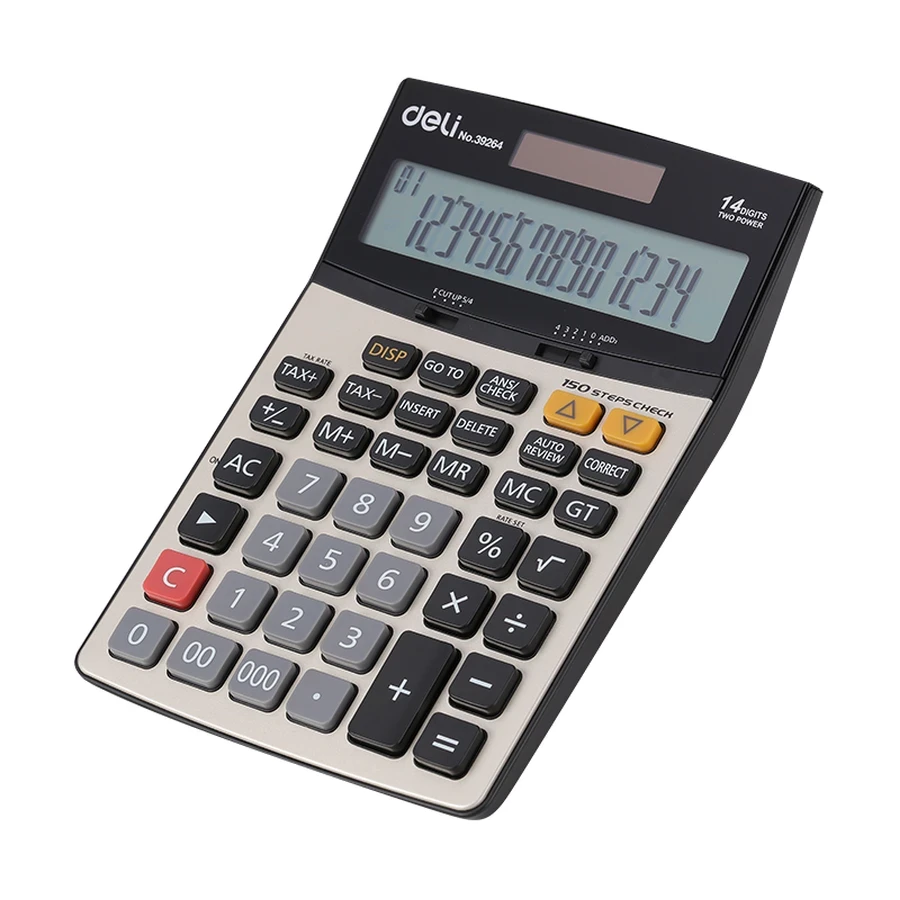 Deli 14-Digit Professional Desktop Calculator | 150 Steps Check & Correct, Dual Power, Black and Silver Finish | E39264