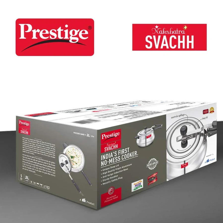 Prestige 10755 Nakshatra Plus Svachh Handi 2L High-Grade Aluminium Pressure Cooker | Deep Svachh Spillage Control Lid & Gas-Induction Base - Model 10755
