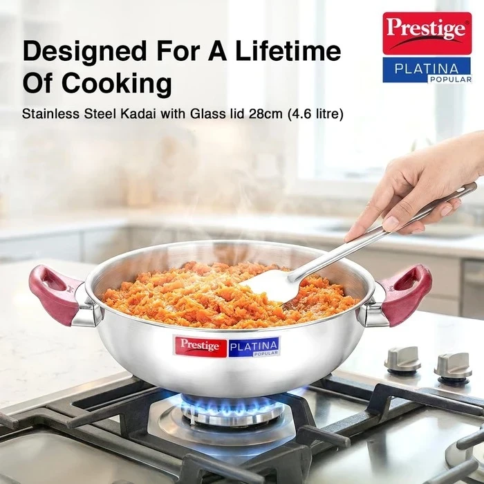Prestige Platina Popular Stainless Steel Induction Base Kadai with Tempered Glass Lid (26 CM / 3.8L & 28 CM / 4.6L) | Gas & Induction Compatible - Model 36887 / 36888