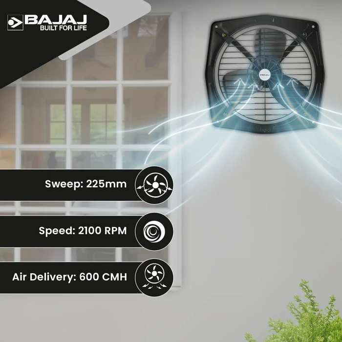 Bajaj Bahar 225MM Domestic Exhaust Fan | 1375 RPM 100% Copper Motor 575 CMH Strong Rust-Proof Metal Body Metallic Grey 70000